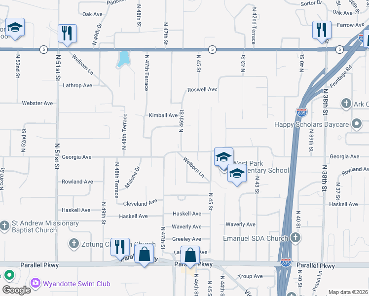 map of restaurants, bars, coffee shops, grocery stores, and more near 2720 North 46th Street in Kansas City