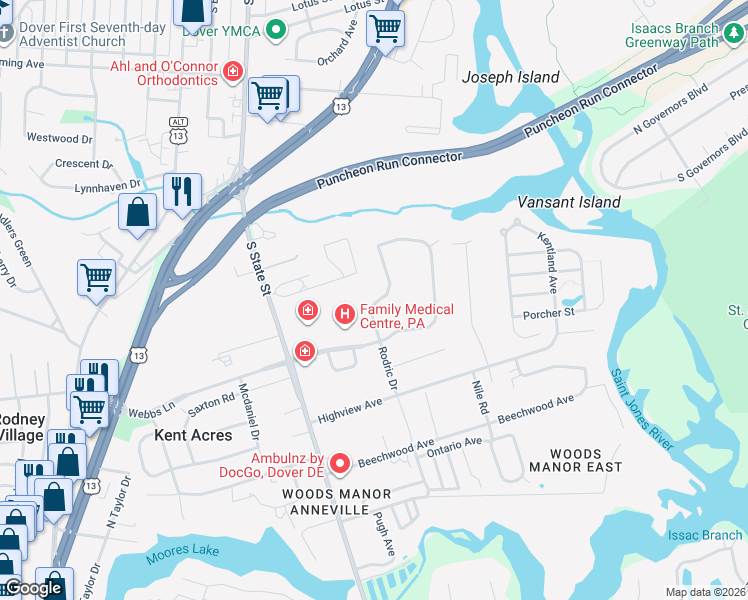 map of restaurants, bars, coffee shops, grocery stores, and more near 97 Glenda Road in Dover