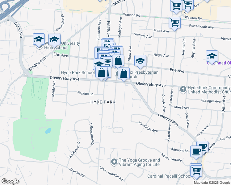 map of restaurants, bars, coffee shops, grocery stores, and more near 1339 Michigan Avenue in Cincinnati