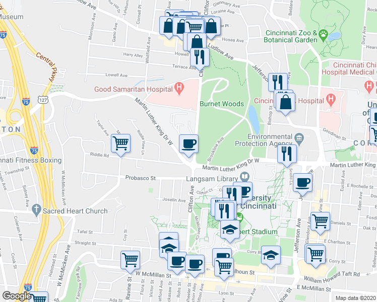 map of restaurants, bars, coffee shops, grocery stores, and more near 3033 Clifton Avenue in Cincinnati