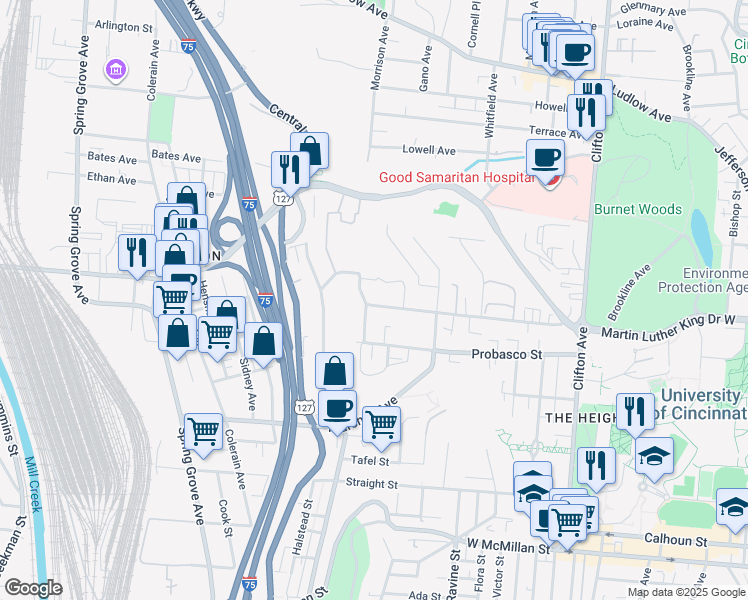 map of restaurants, bars, coffee shops, grocery stores, and more near 678 Riddle Road in Cincinnati