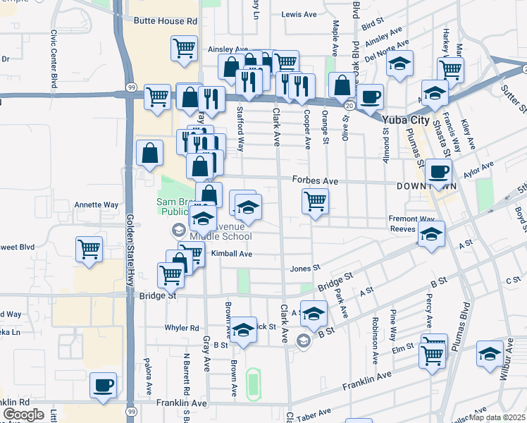 map of restaurants, bars, coffee shops, grocery stores, and more near 800 Clark Avenue in Yuba City