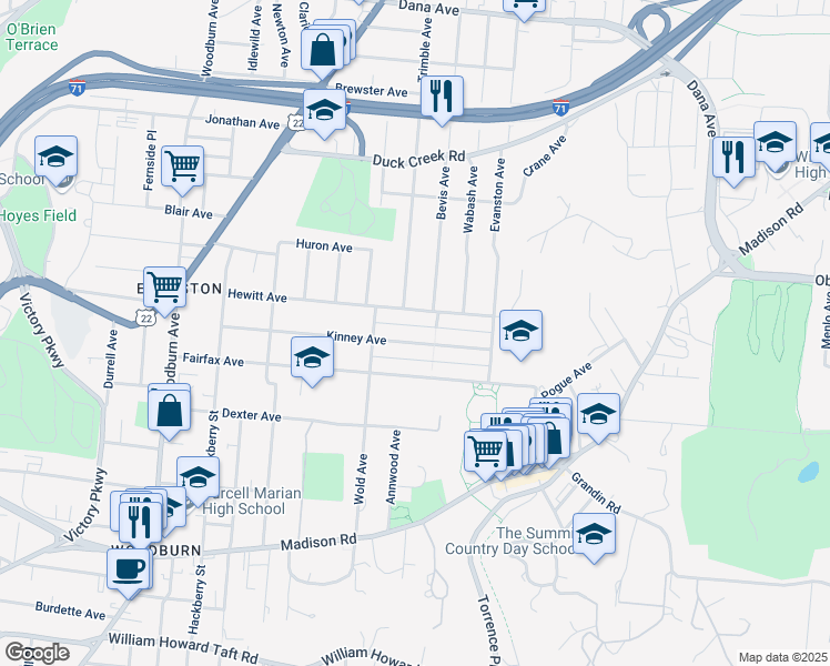 map of restaurants, bars, coffee shops, grocery stores, and more near 1936 Kinney Avenue in Cincinnati