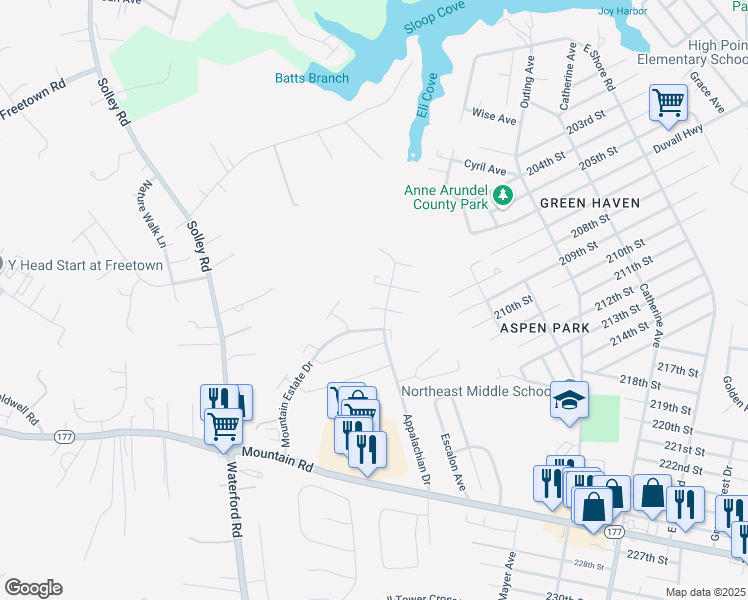 map of restaurants, bars, coffee shops, grocery stores, and more near 209 Mulberry Ridge Court in Pasadena