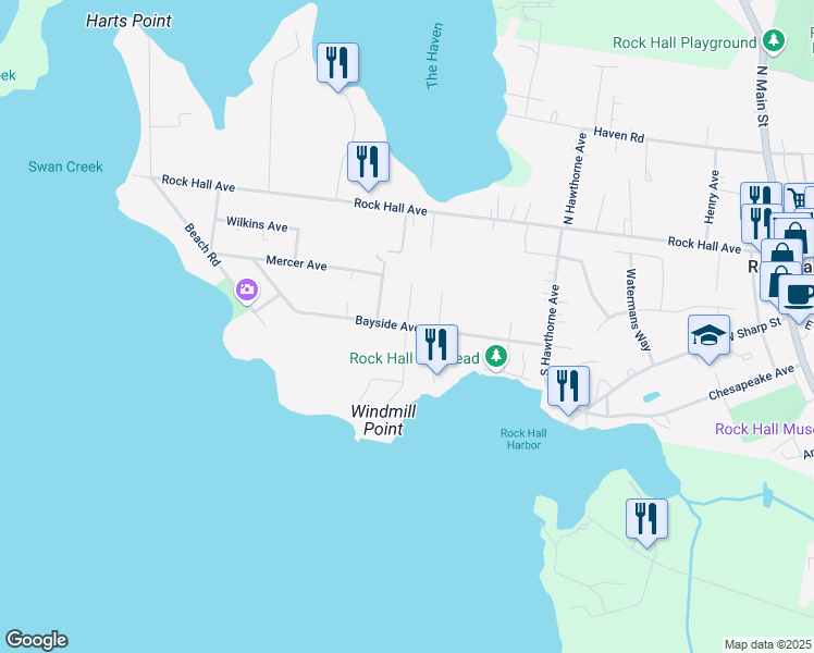 map of restaurants, bars, coffee shops, grocery stores, and more near Bayside Avenue in Rock Hall