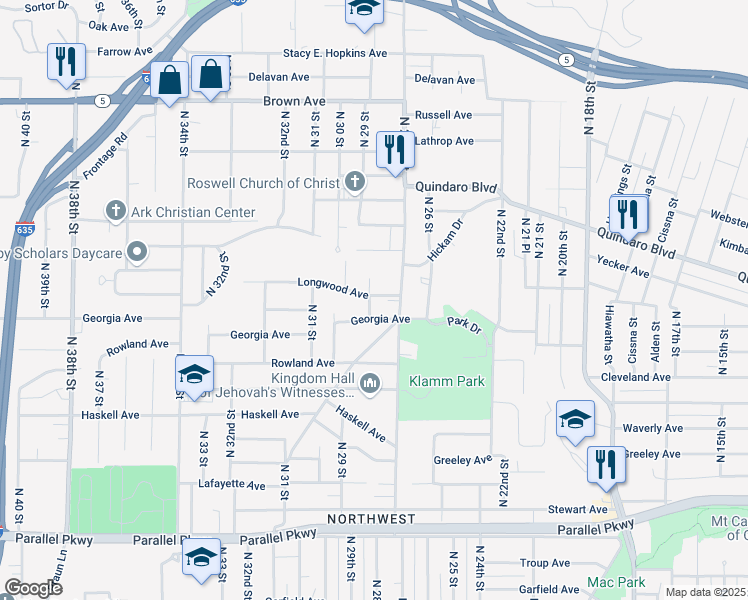 map of restaurants, bars, coffee shops, grocery stores, and more near 2719 North 28th Street in Kansas City