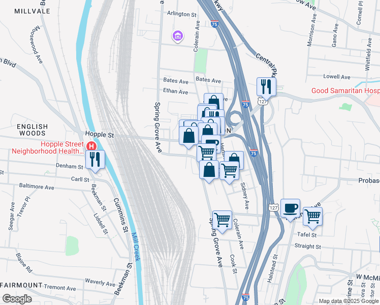map of restaurants, bars, coffee shops, grocery stores, and more near 2952 Burlington Place in Cincinnati