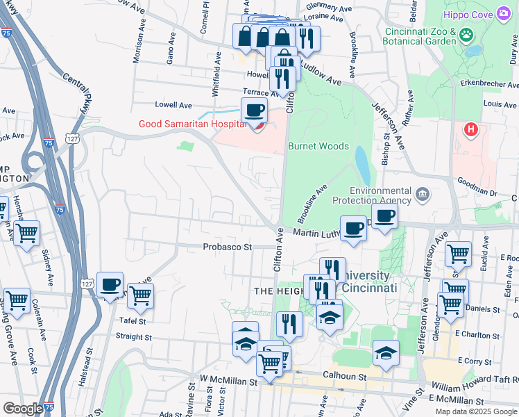 map of restaurants, bars, coffee shops, grocery stores, and more near 434 Riddle Road in Cincinnati
