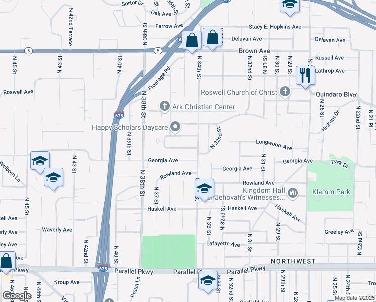 map of restaurants, bars, coffee shops, grocery stores, and more near 3415 Longwood Avenue in Kansas City