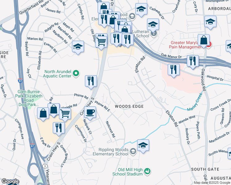 map of restaurants, bars, coffee shops, grocery stores, and more near 410 Hideaway Loop in Glen Burnie
