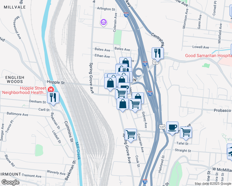 map of restaurants, bars, coffee shops, grocery stores, and more near 2952 Burlington Pl in Cincinnati