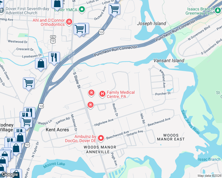 map of restaurants, bars, coffee shops, grocery stores, and more near 97 Glenda Road in Dover
