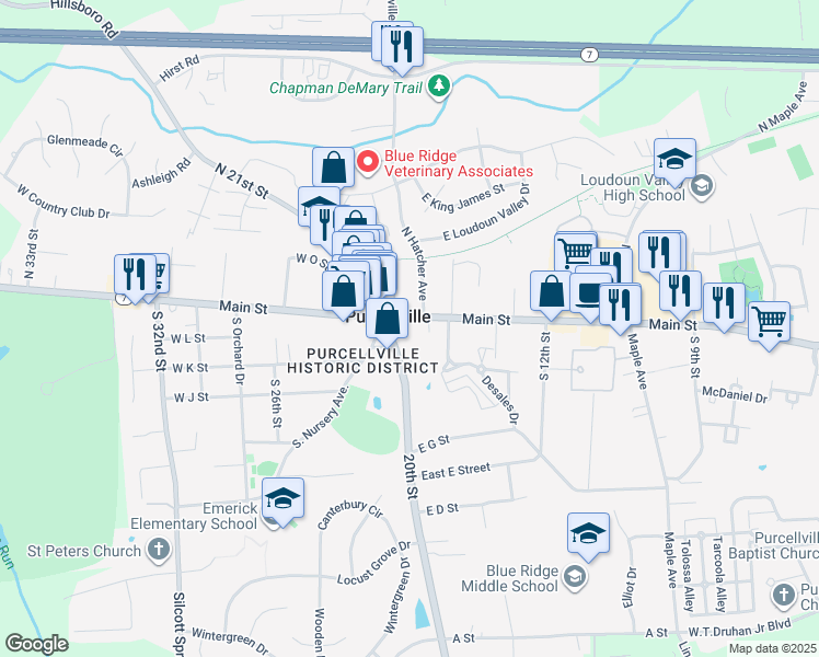 map of restaurants, bars, coffee shops, grocery stores, and more near 130 East Main Street in Purcellville
