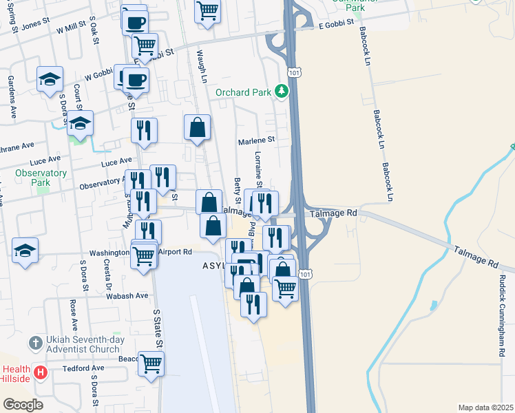 map of restaurants, bars, coffee shops, grocery stores, and more near 580 Talmage Road in Ukiah