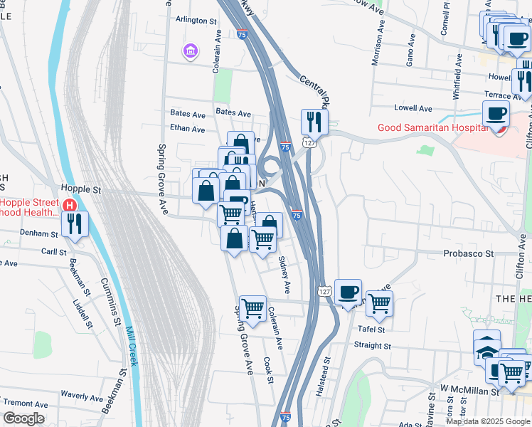 map of restaurants, bars, coffee shops, grocery stores, and more near 2953 Sidney Avenue in Cincinnati
