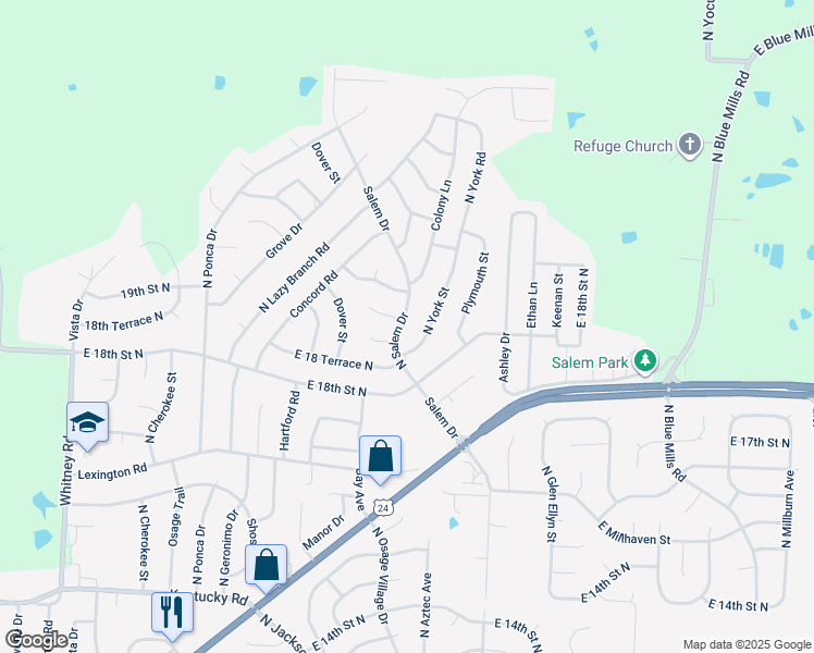 map of restaurants, bars, coffee shops, grocery stores, and more near 1825 North Salem Drive in Independence