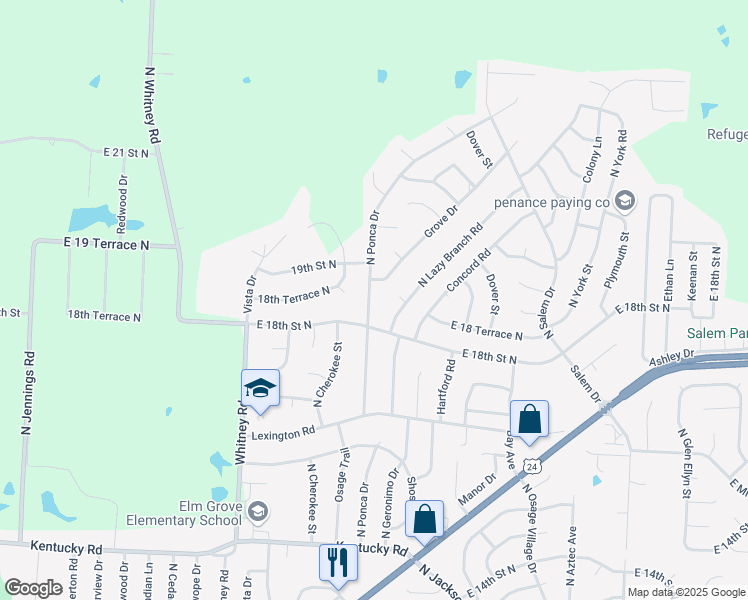 map of restaurants, bars, coffee shops, grocery stores, and more near 1807 North Ponca Drive in Independence