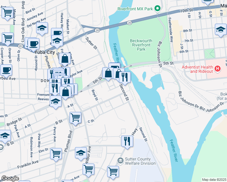 map of restaurants, bars, coffee shops, grocery stores, and more near 234 Fairman St in Yuba City