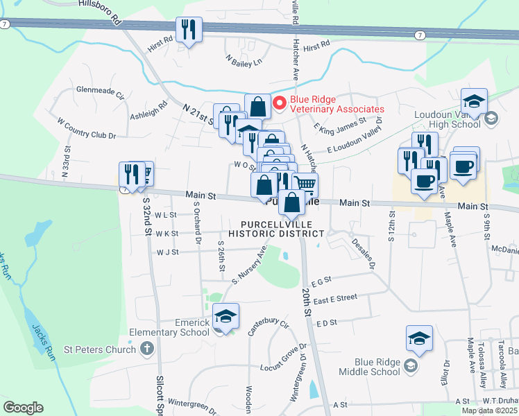 map of restaurants, bars, coffee shops, grocery stores, and more near 170 West Main Street in Purcellville