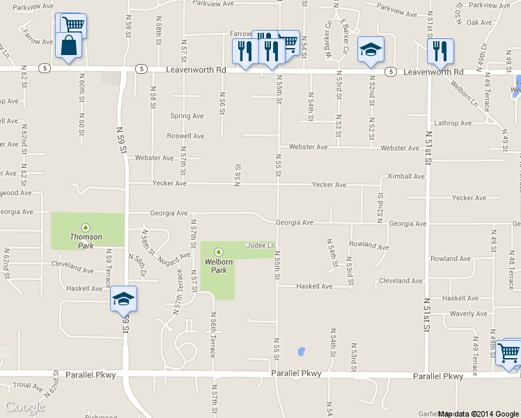 map of restaurants, bars, coffee shops, grocery stores, and more near 5524 Georgia Avenue in Kansas City