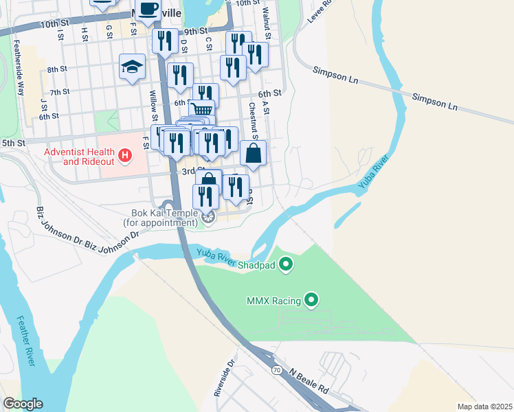 map of restaurants, bars, coffee shops, grocery stores, and more near 103B 1st Street in Marysville