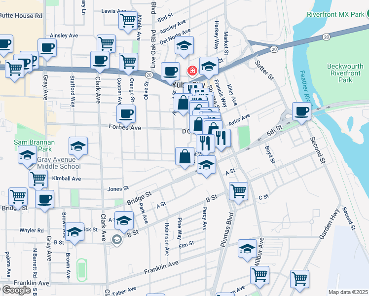 map of restaurants, bars, coffee shops, grocery stores, and more near 677 Almond Street in Yuba City