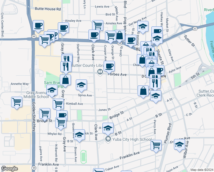 map of restaurants, bars, coffee shops, grocery stores, and more near 759 Cooper Avenue in Yuba City