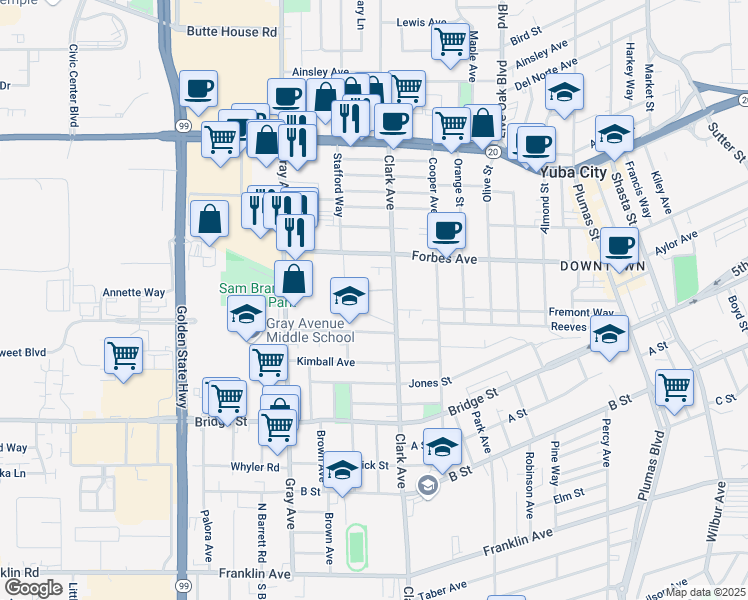 map of restaurants, bars, coffee shops, grocery stores, and more near 800 Clark Avenue in Yuba City