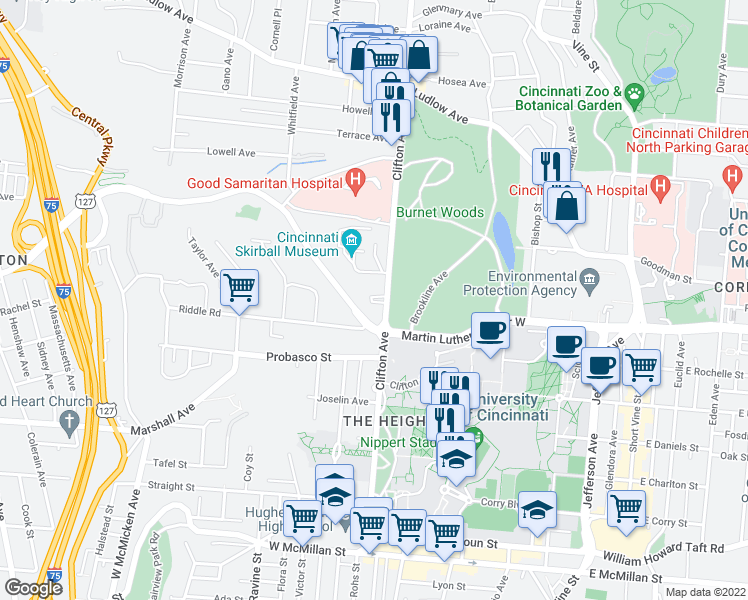 map of restaurants, bars, coffee shops, grocery stores, and more near 3033 Clifton Avenue in Cincinnati
