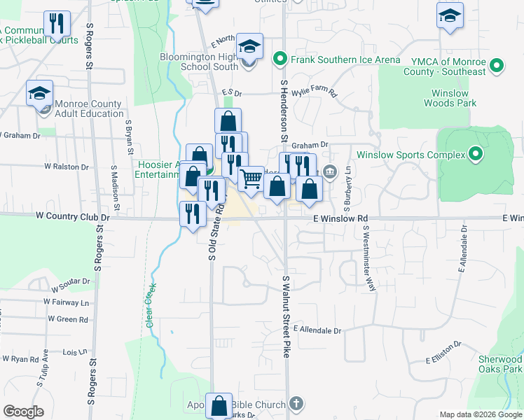 map of restaurants, bars, coffee shops, grocery stores, and more near 2495 South Walnut Street Pike in Bloomington