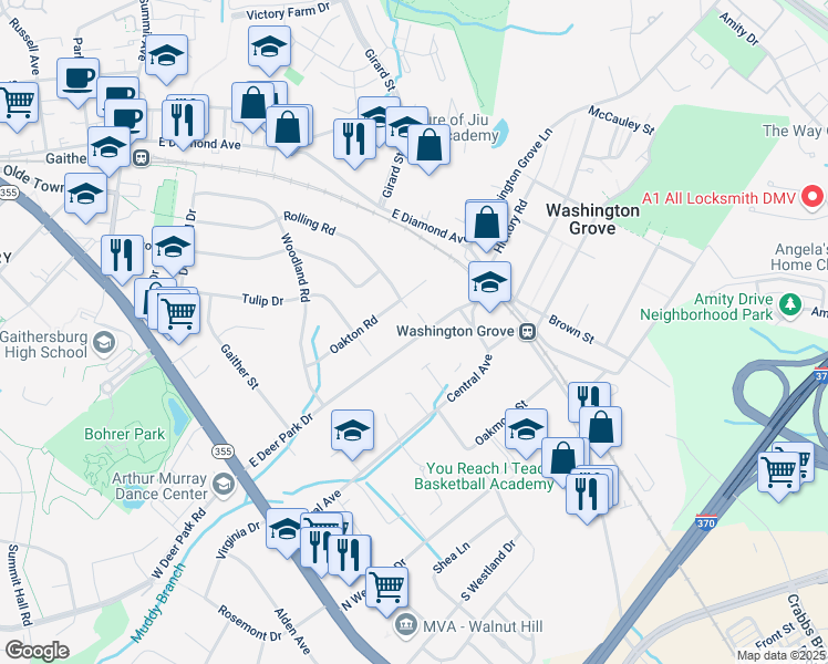 map of restaurants, bars, coffee shops, grocery stores, and more near 209 East Deer Park Drive in Gaithersburg