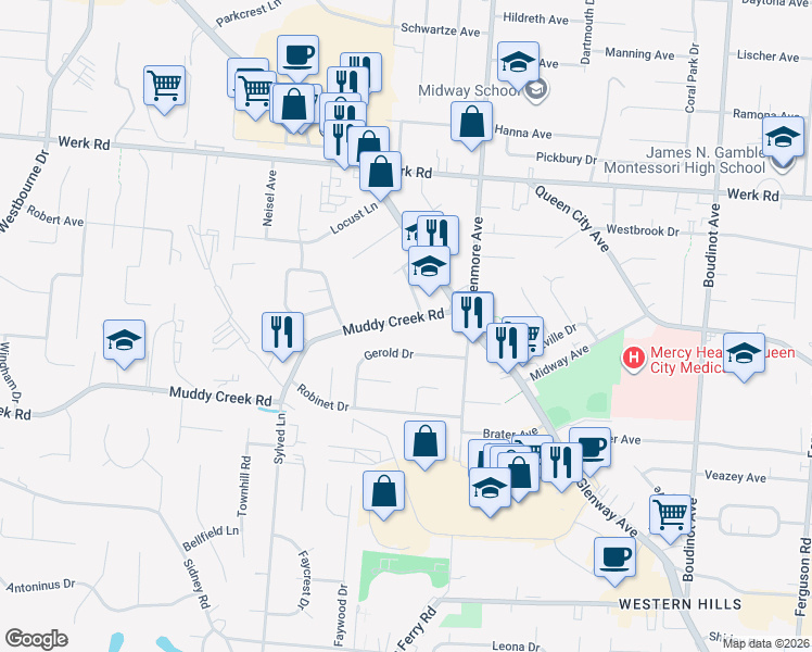 map of restaurants, bars, coffee shops, grocery stores, and more near 3423 Muddy Creek Road in Cincinnati