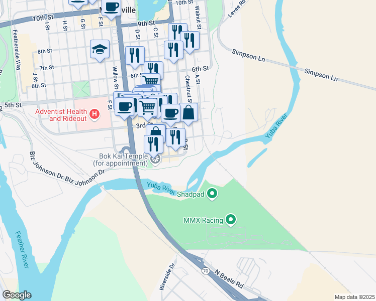 map of restaurants, bars, coffee shops, grocery stores, and more near 103B 1st Street in Marysville