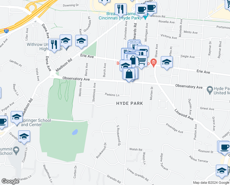 map of restaurants, bars, coffee shops, grocery stores, and more near 3305 Westside Avenue in Cincinnati