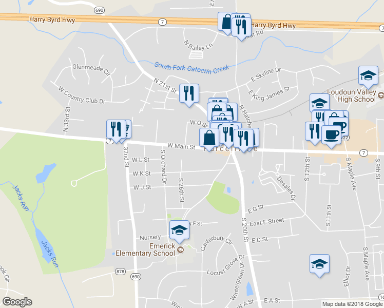 map of restaurants, bars, coffee shops, grocery stores, and more near 240 West Main Street in Purcellville