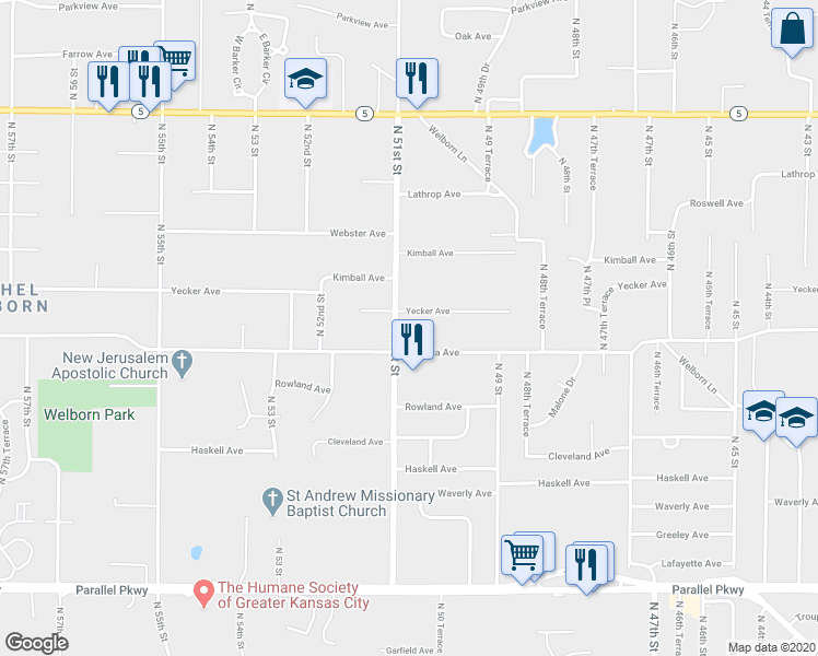 map of restaurants, bars, coffee shops, grocery stores, and more near 2723 North 51st Street in Kansas City