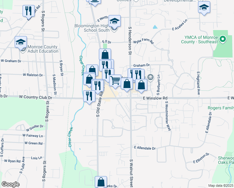 map of restaurants, bars, coffee shops, grocery stores, and more near 2495 South Walnut Street Pike in Bloomington