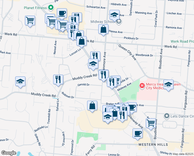 map of restaurants, bars, coffee shops, grocery stores, and more near 3325 Muddy Creek Rd in Cincinnati