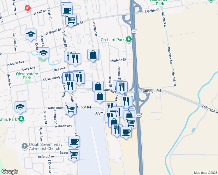 map of restaurants, bars, coffee shops, grocery stores, and more near 490 Talmage Road in Ukiah
