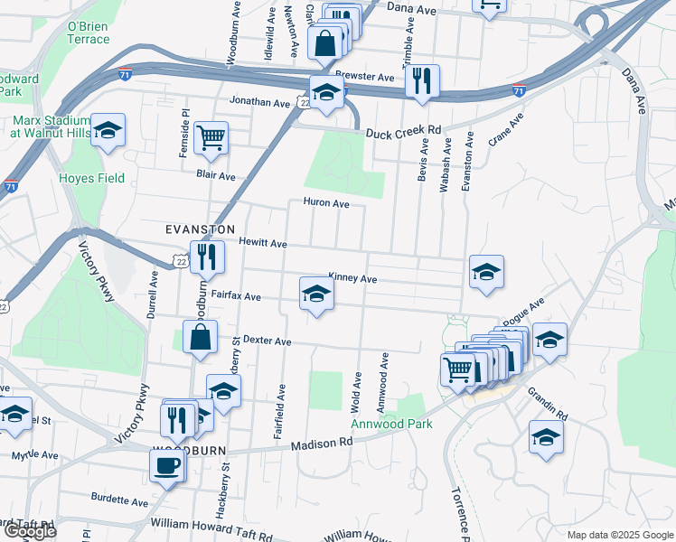 map of restaurants, bars, coffee shops, grocery stores, and more near 1854 Kinney Avenue in Cincinnati