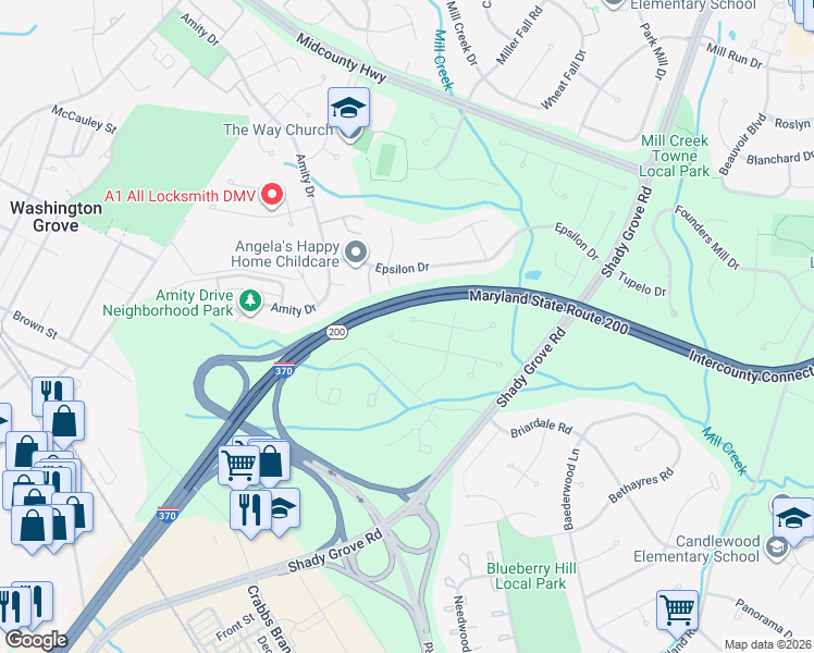 map of restaurants, bars, coffee shops, grocery stores, and more near 7820 Polara Place in Rockville