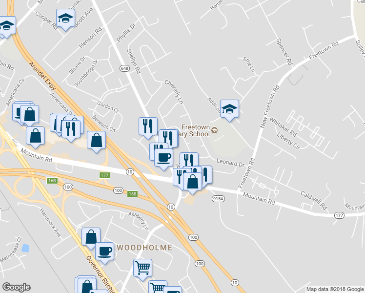 map of restaurants, bars, coffee shops, grocery stores, and more near 1126 Cedarcliff Drive in Glen Burnie