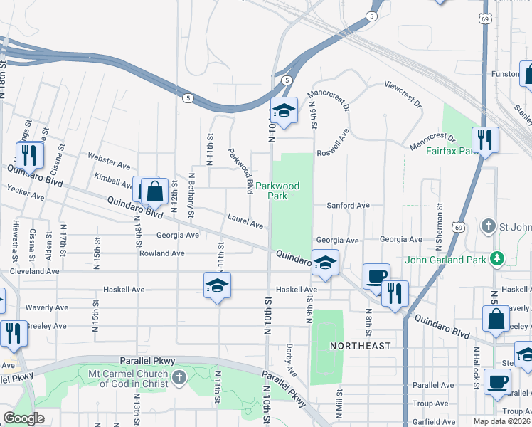 map of restaurants, bars, coffee shops, grocery stores, and more near 2728 North 10th Street in Kansas City