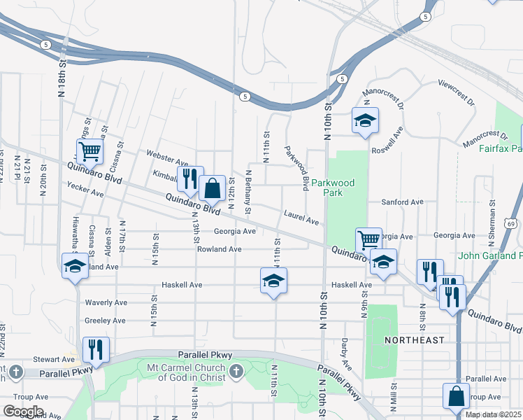 map of restaurants, bars, coffee shops, grocery stores, and more near 2815 North Bethany Street in Kansas City