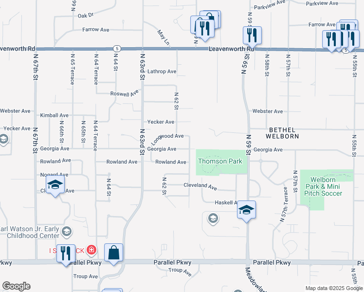 map of restaurants, bars, coffee shops, grocery stores, and more near 6120 Georgia Avenue in Kansas City