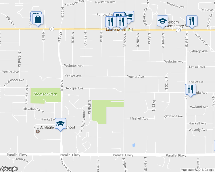 map of restaurants, bars, coffee shops, grocery stores, and more near 5554 Georgia Avenue in Kansas City