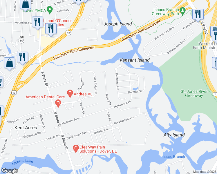 map of restaurants, bars, coffee shops, grocery stores, and more near 85 McBry Drive in Dover