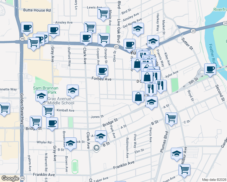 map of restaurants, bars, coffee shops, grocery stores, and more near 720 Olive Street in Yuba City