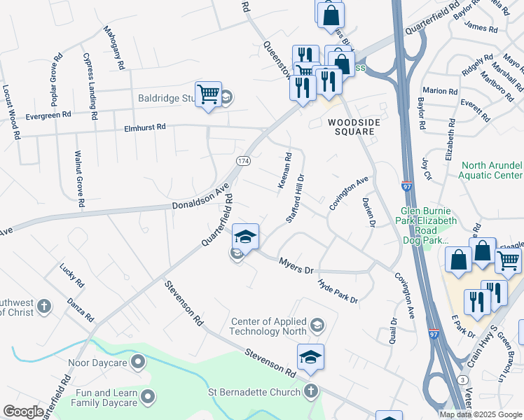 map of restaurants, bars, coffee shops, grocery stores, and more near 704 Kraft Court in Glen Burnie