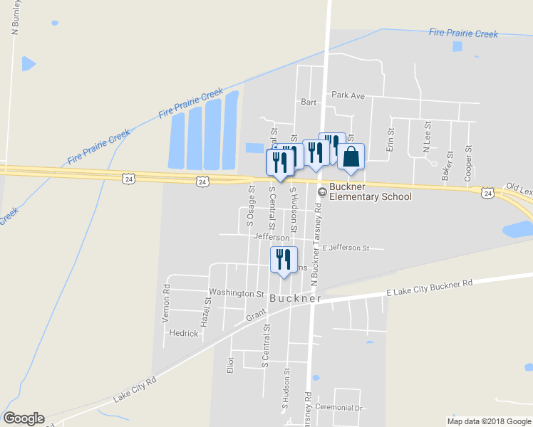 map of restaurants, bars, coffee shops, grocery stores, and more near 102 South Central Street in Buckner